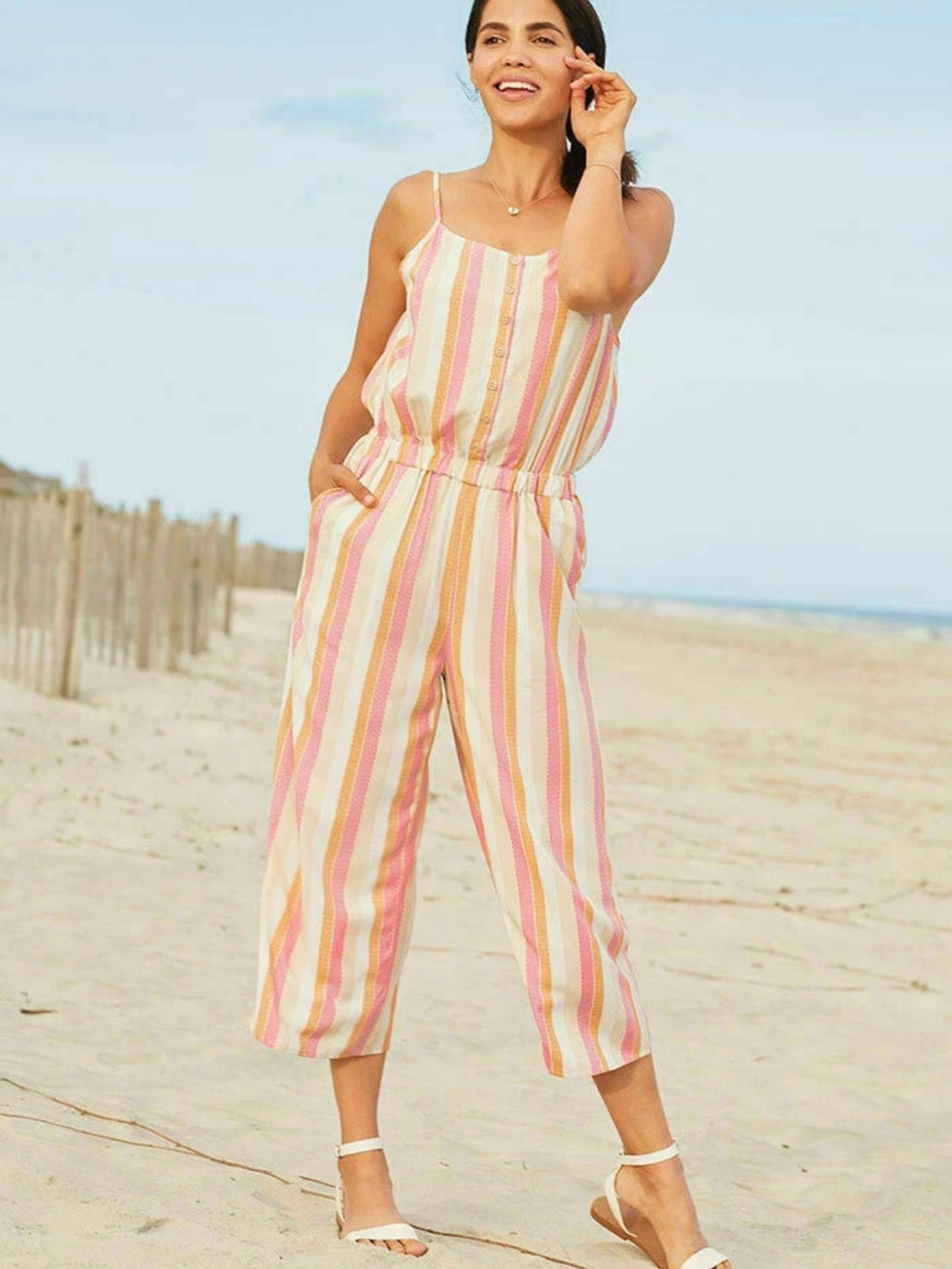 Matilda Jane Pink, Cream & Peach Striped Sleeveless Jumpsuit